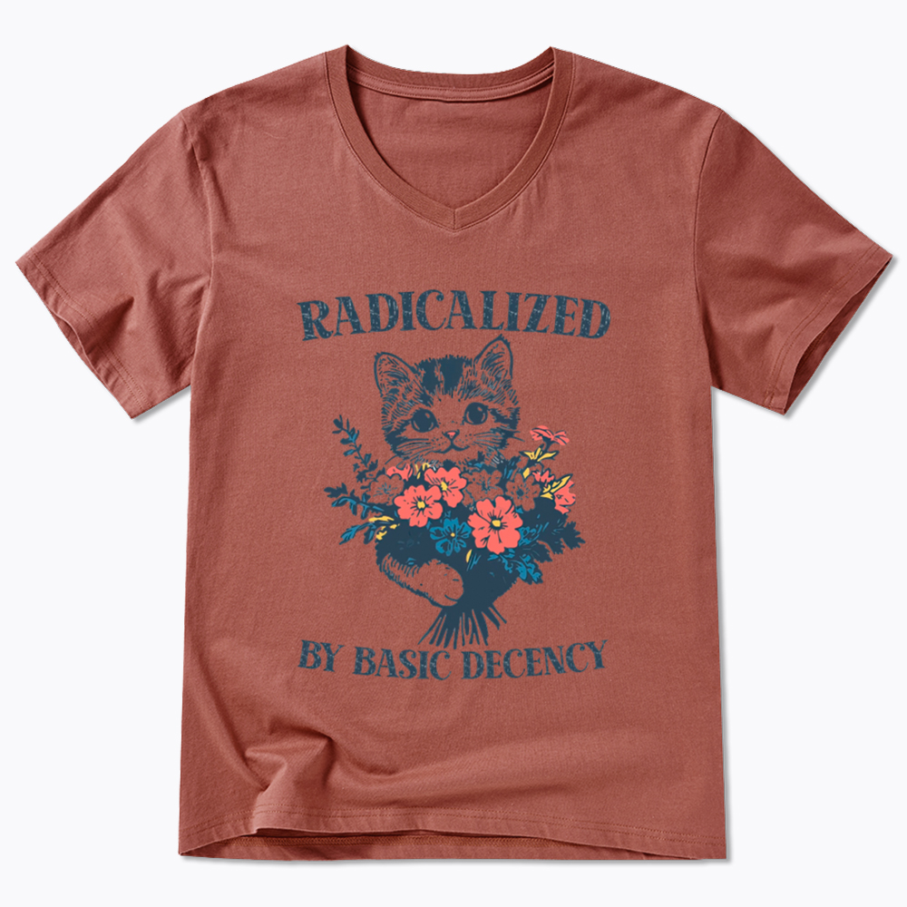 Radicalized By Basic Decency Cat Floral Feminist V-Neck Classic T-Shirt