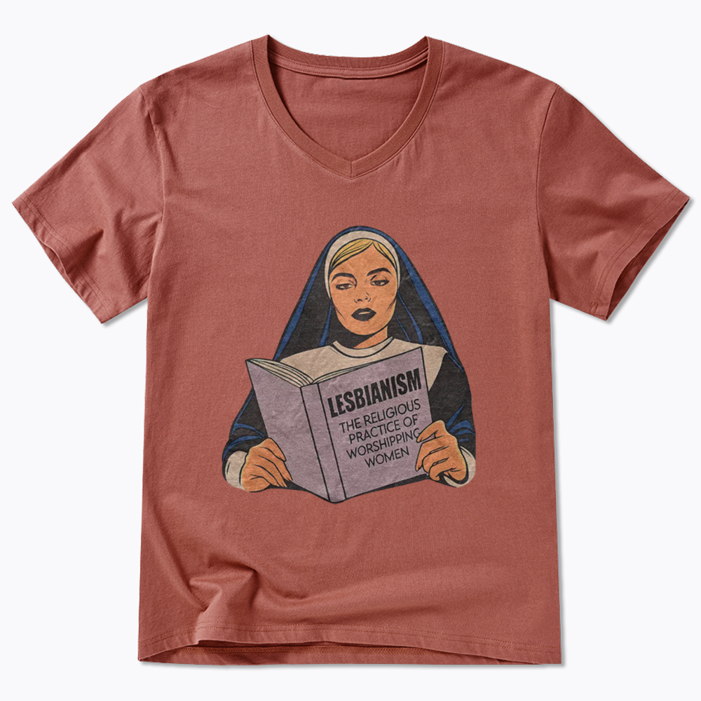 Nun Reading Lesbian Book V-Neck Classic T-Shirt