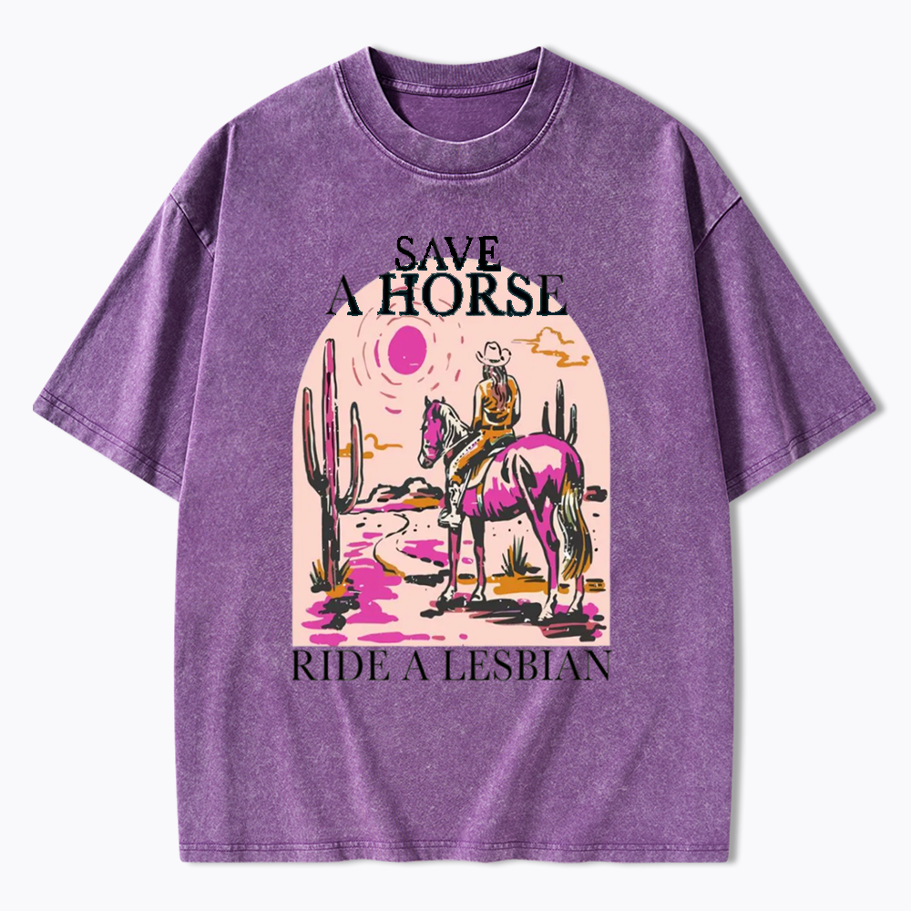 Save A Horse Ride A Lesbian Washed T-Shirts