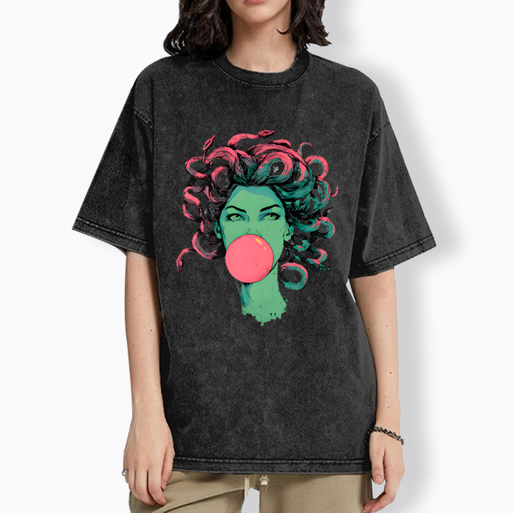 Medusa Snake Hair Goddess Bubblegum Mythological Washed T-Shirt