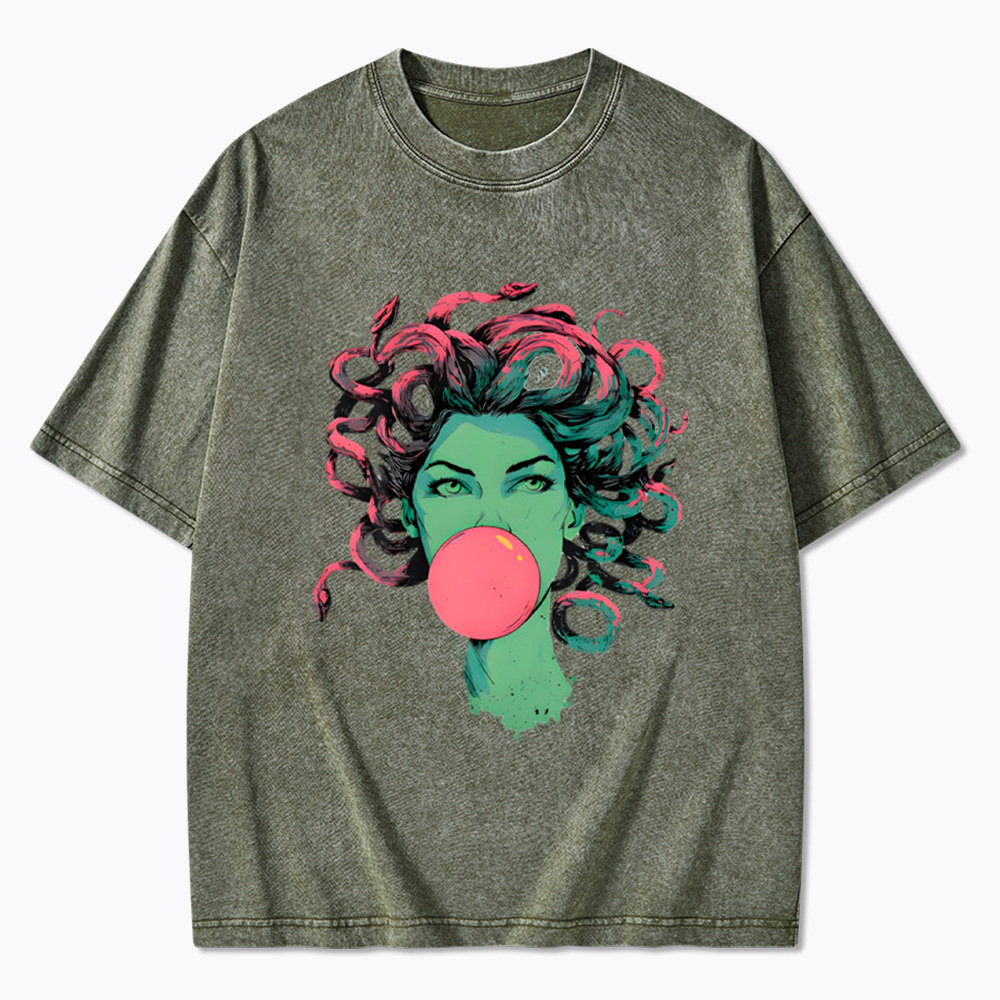 Medusa Snake Hair Goddess Bubblegum Mythological Washed T-Shirt