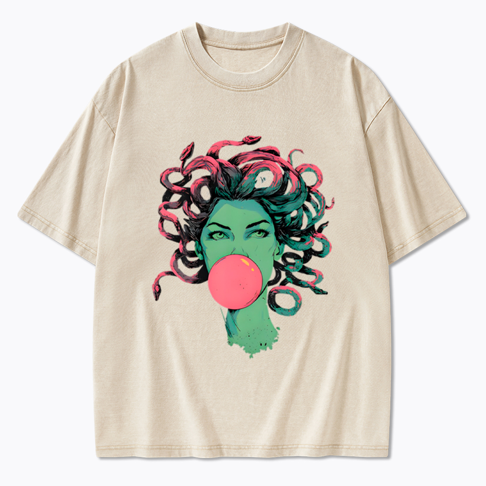Medusa Snake Hair Goddess Bubblegum Mythological Washed T-Shirt