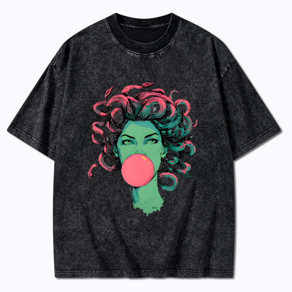 Medusa Snake Hair Goddess Bubblegum Mythological Washed T-Shirt