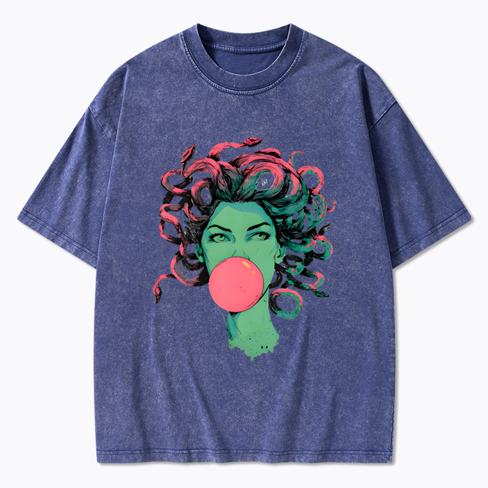 Medusa Snake Hair Goddess Bubblegum Mythological Washed T-Shirt