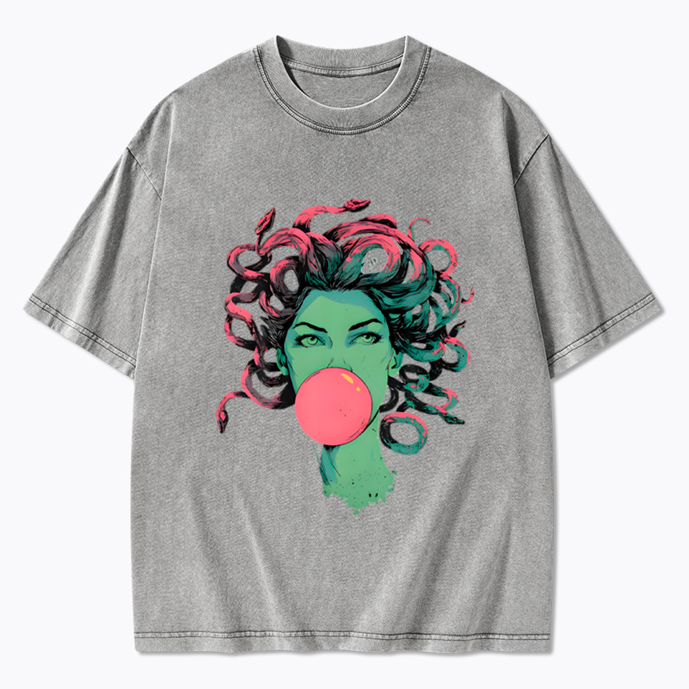 Medusa Snake Hair Goddess Bubblegum Mythological Washed T-Shirt