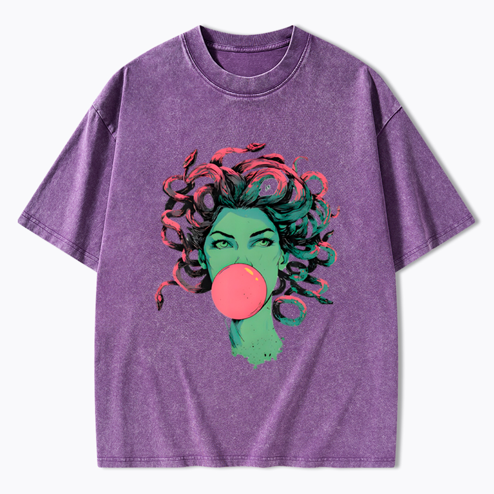 Medusa Snake Hair Goddess Bubblegum Mythological Washed T-Shirt