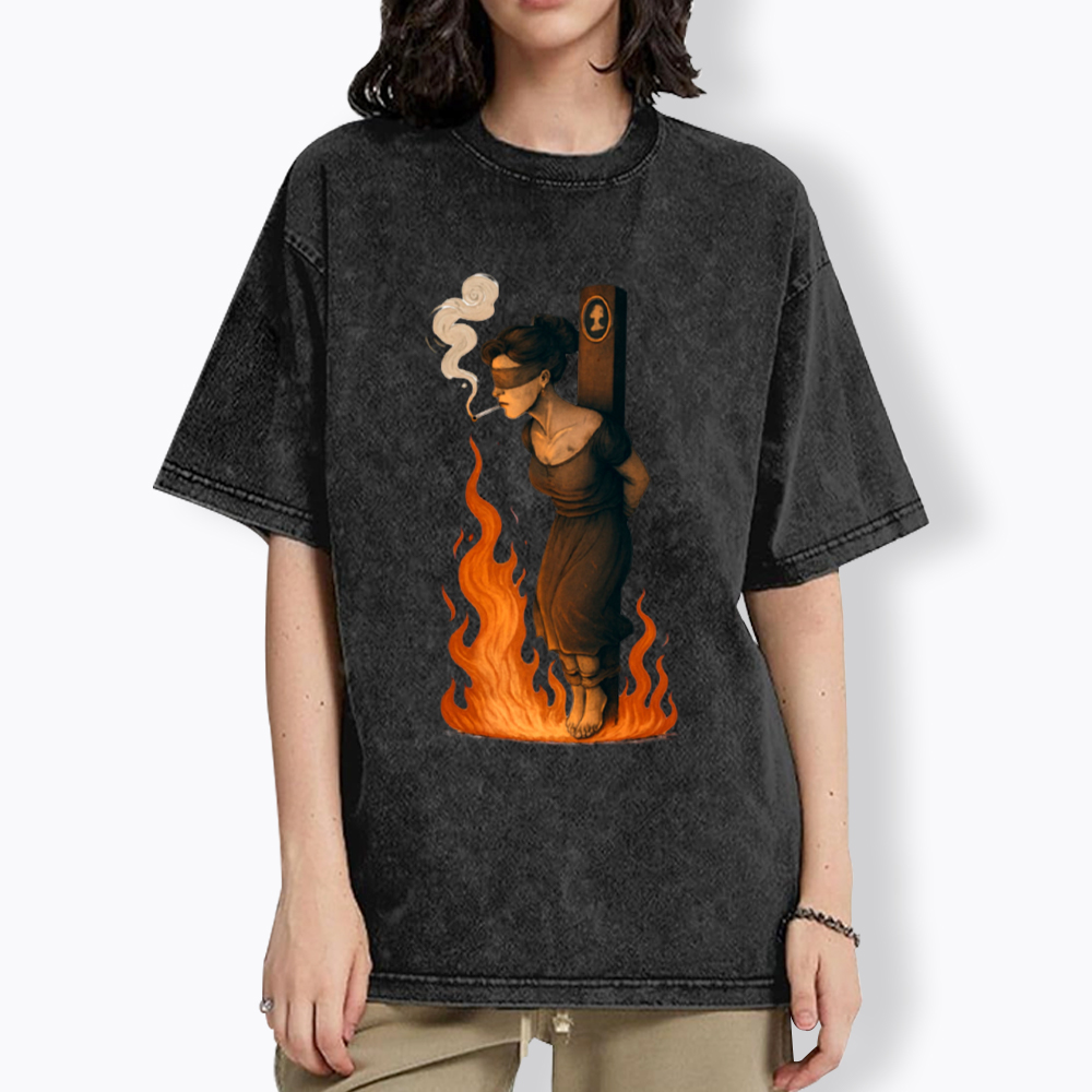 Witch Lighting Cigarette While Burning at the Stake Washed T-Shirt
