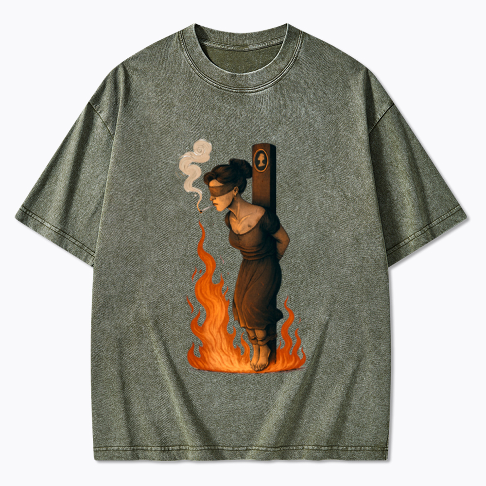 Witch Lighting Cigarette While Burning at the Stake Washed T-Shirt