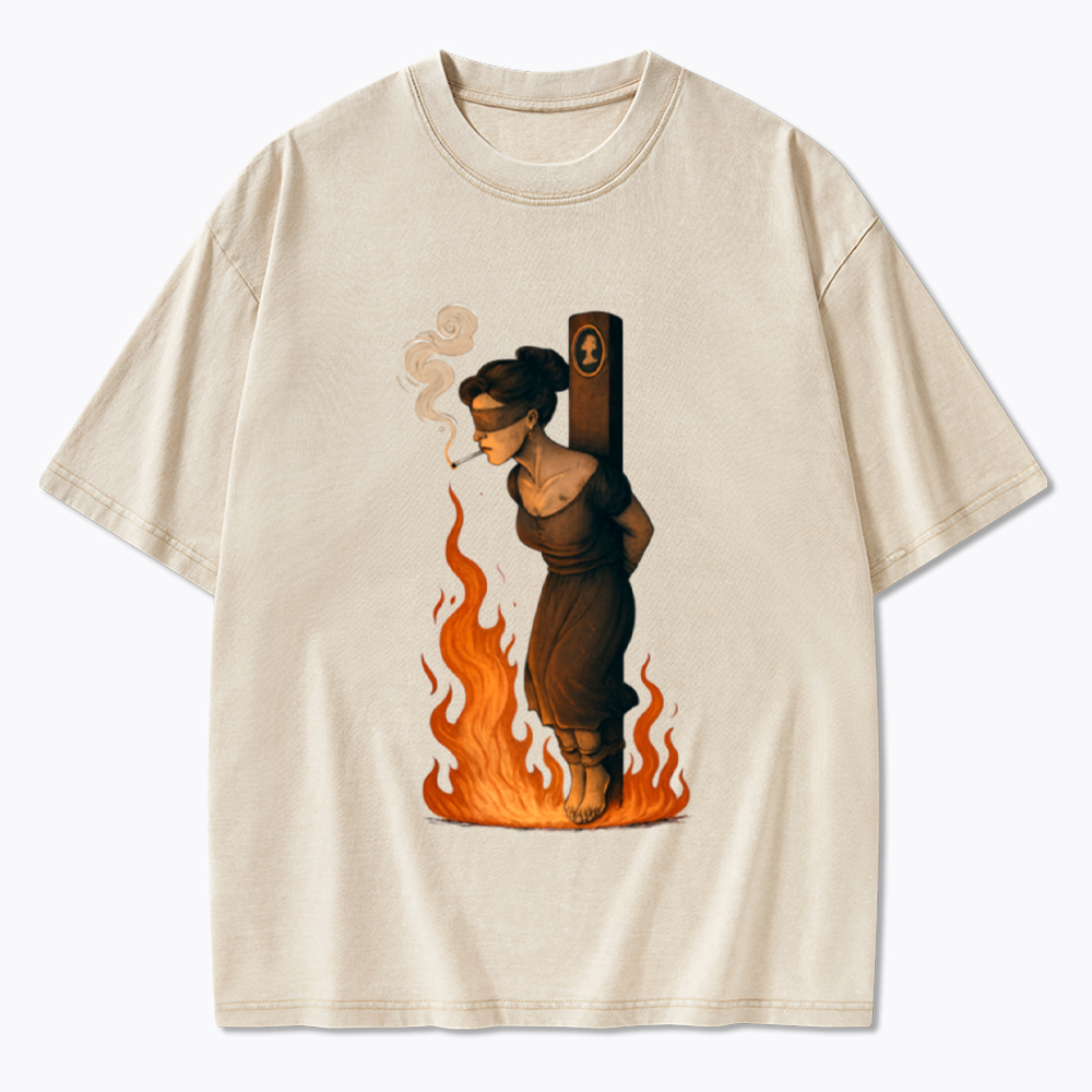 Witch Lighting Cigarette While Burning at the Stake Washed T-Shirt