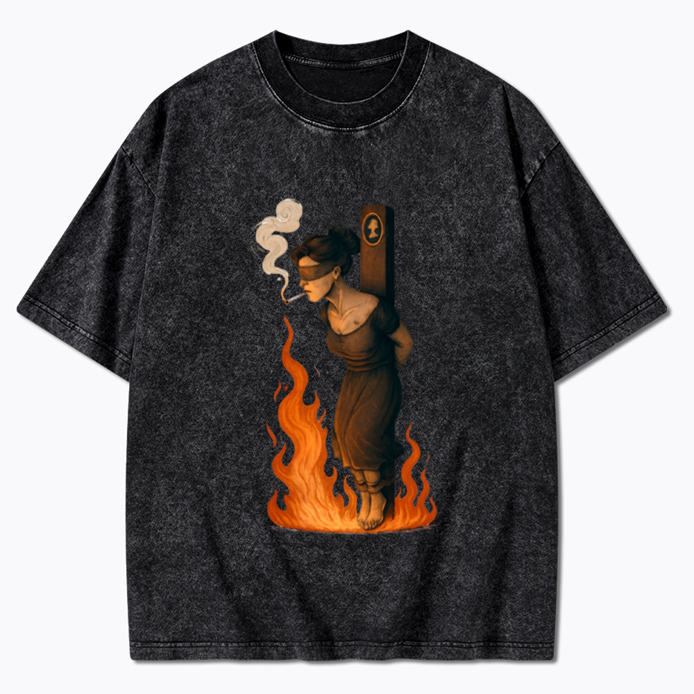 Witch Lighting Cigarette While Burning at the Stake Washed T-Shirt