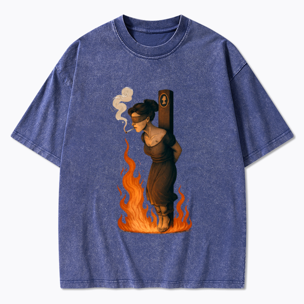 Witch Lighting Cigarette While Burning at the Stake Washed T-Shirt