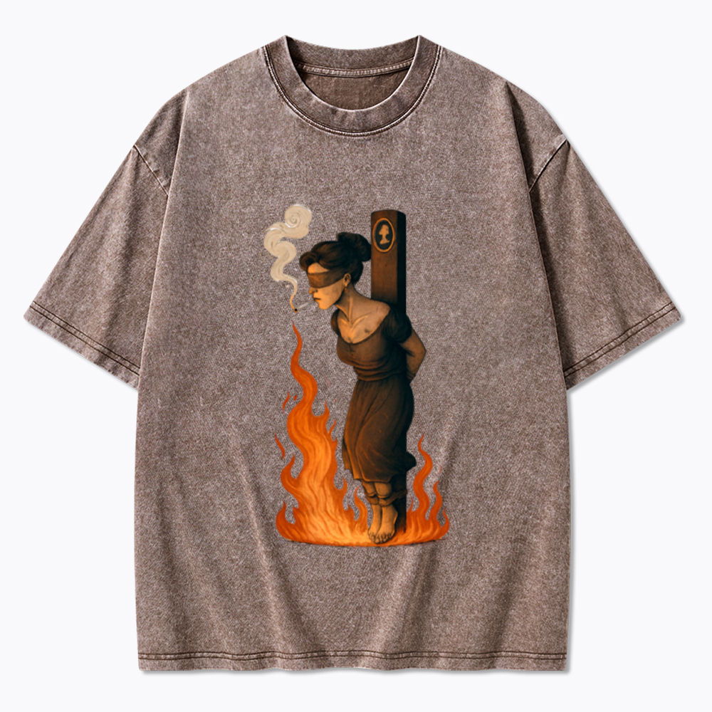 Witch Lighting Cigarette While Burning at the Stake Washed T-Shirt