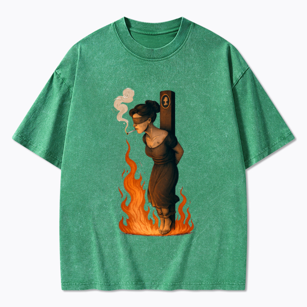 Witch Lighting Cigarette While Burning at the Stake Washed T-Shirt