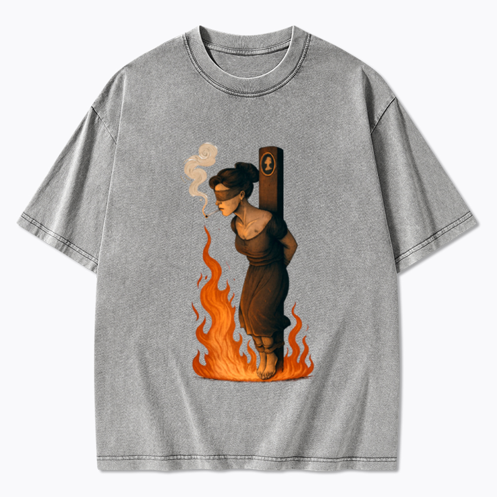Witch Lighting Cigarette While Burning at the Stake Washed T-Shirt
