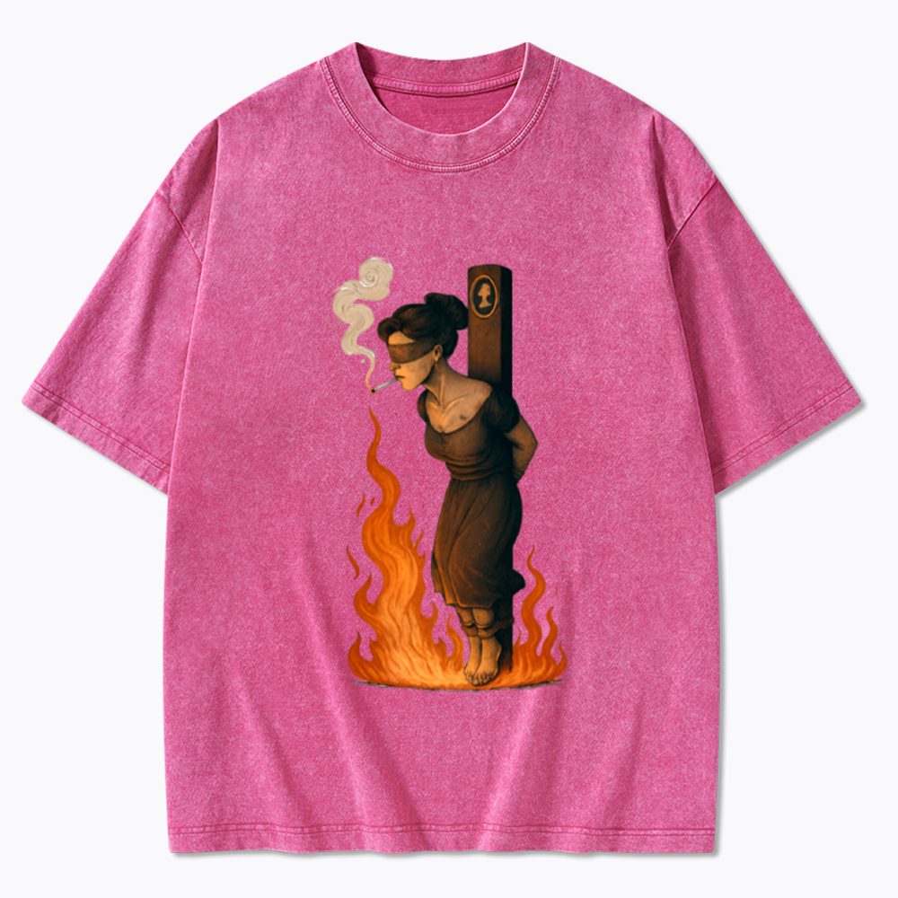 Witch Lighting Cigarette While Burning at the Stake Washed T-Shirt
