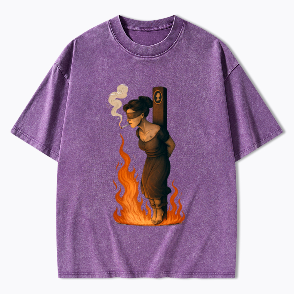 Witch Lighting Cigarette While Burning at the Stake Washed T-Shirt