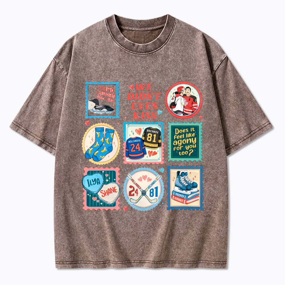 We Didn’t Even Kiss Hockey Romance Stamps Washed T-Shirt