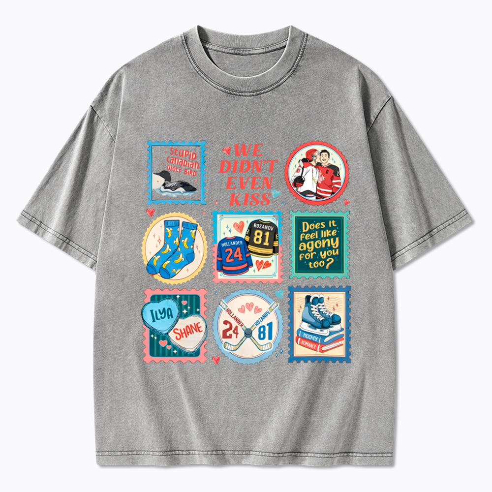 We Didn’t Even Kiss Hockey Romance Stamps Washed T-Shirt