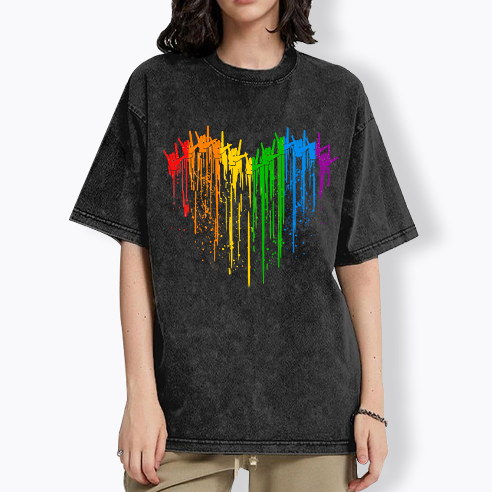 I Love You Hand Sign Rainbow Heart Washed T-Shirt