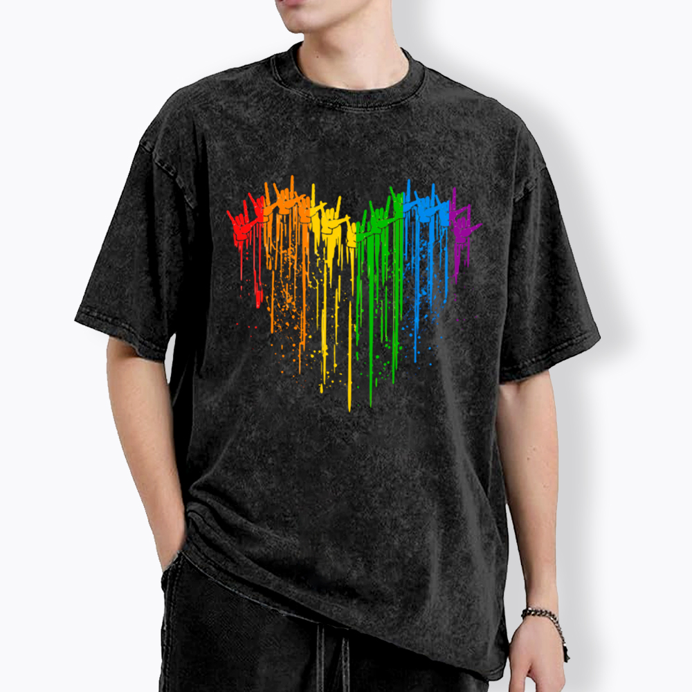 I Love You Hand Sign Rainbow Heart Washed T-Shirt