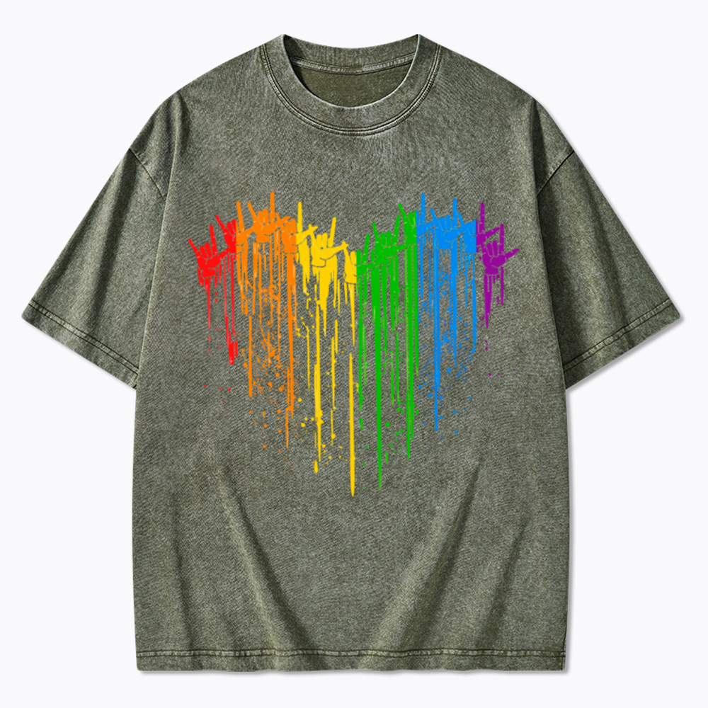 I Love You Hand Sign Rainbow Heart Washed T-Shirt