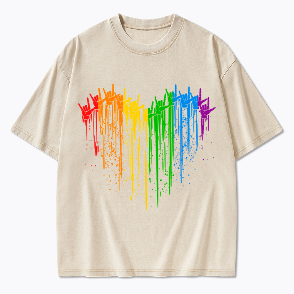 I Love You Hand Sign Rainbow Heart Washed T-Shirt