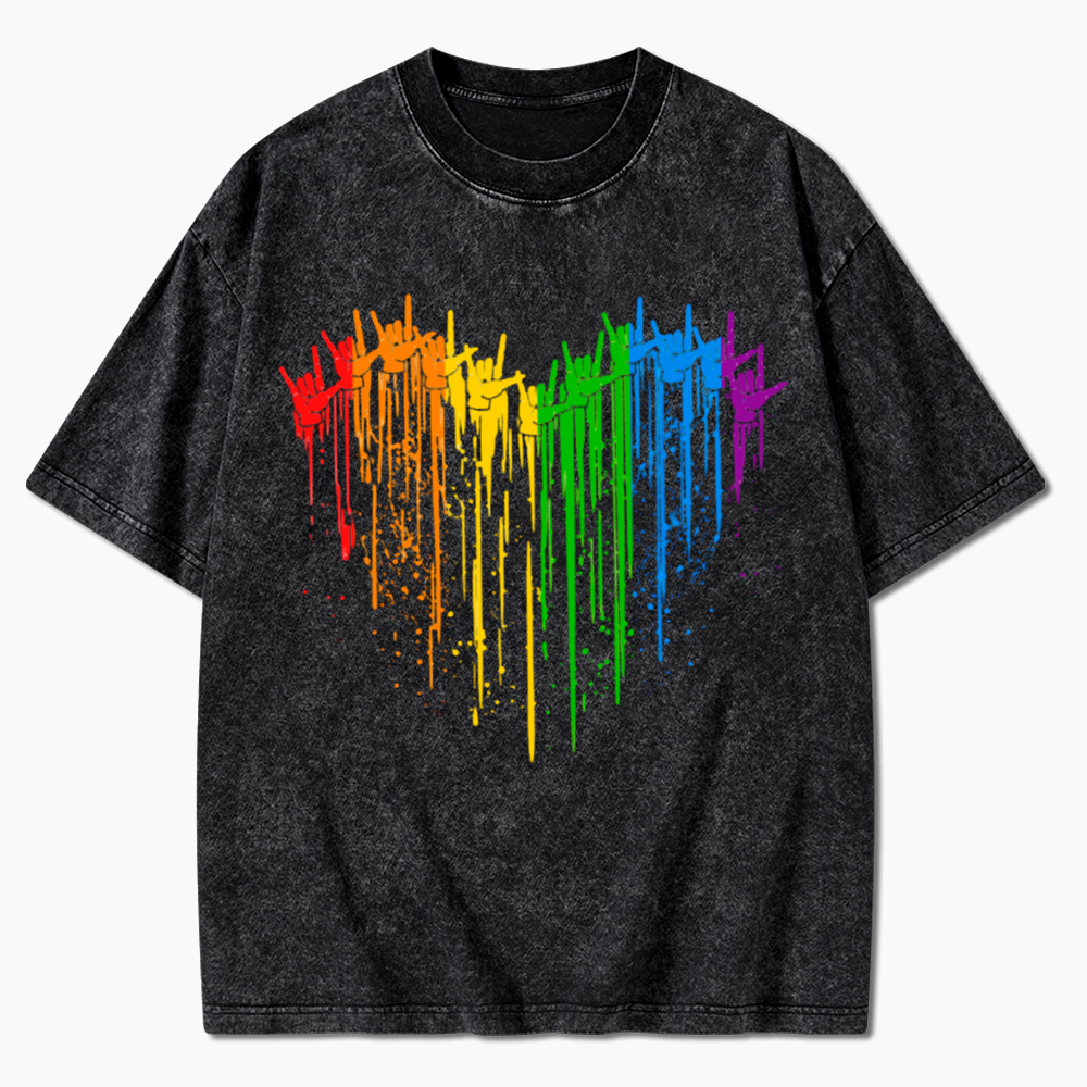 I Love You Hand Sign Rainbow Heart Washed T-Shirt