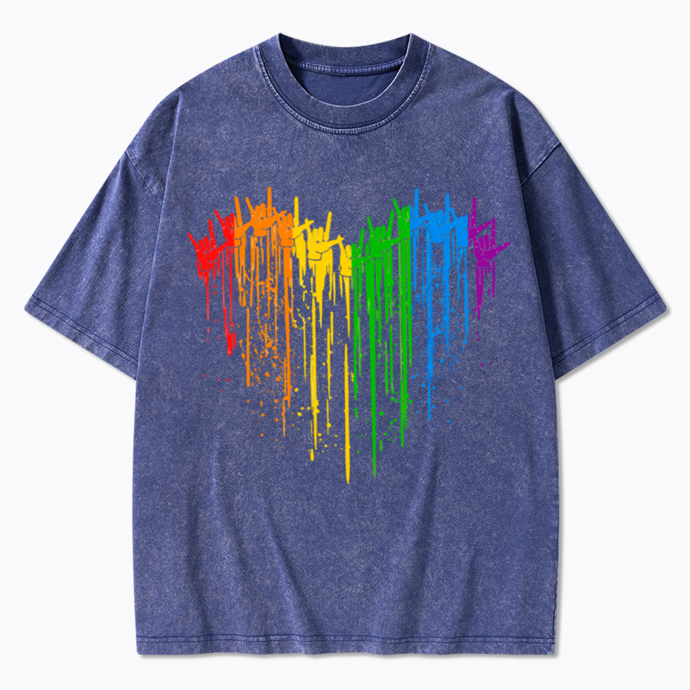I Love You Hand Sign Rainbow Heart Washed T-Shirt
