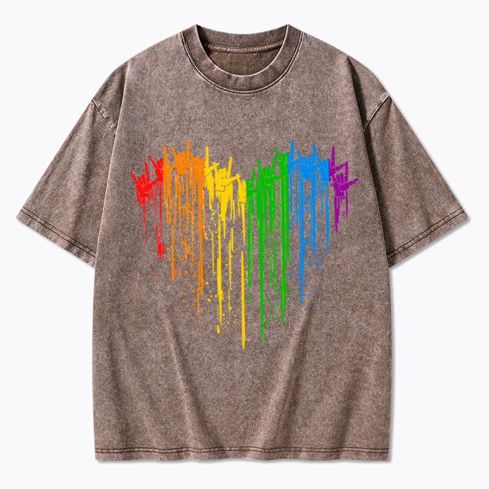I Love You Hand Sign Rainbow Heart Washed T-Shirt