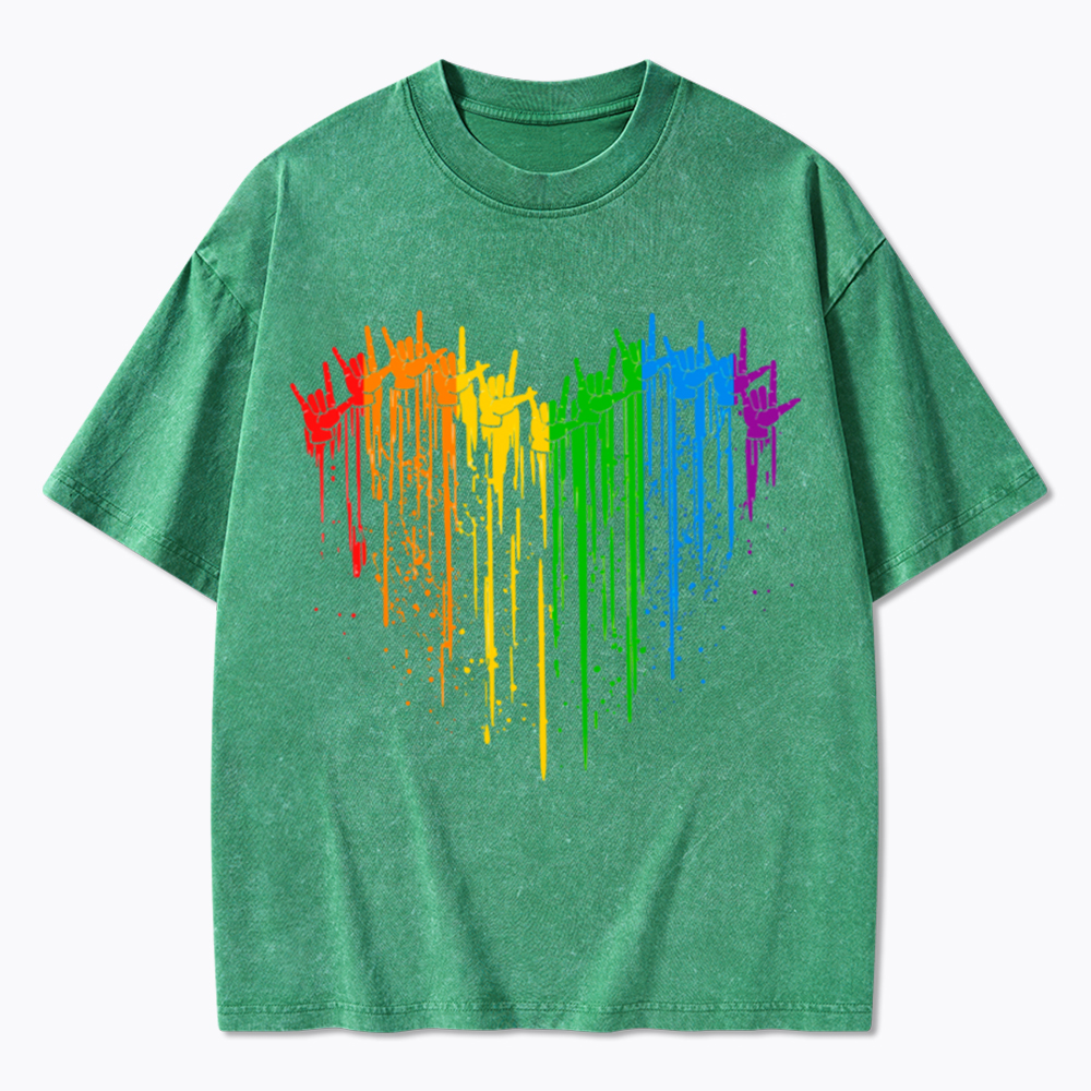 I Love You Hand Sign Rainbow Heart Washed T-Shirt