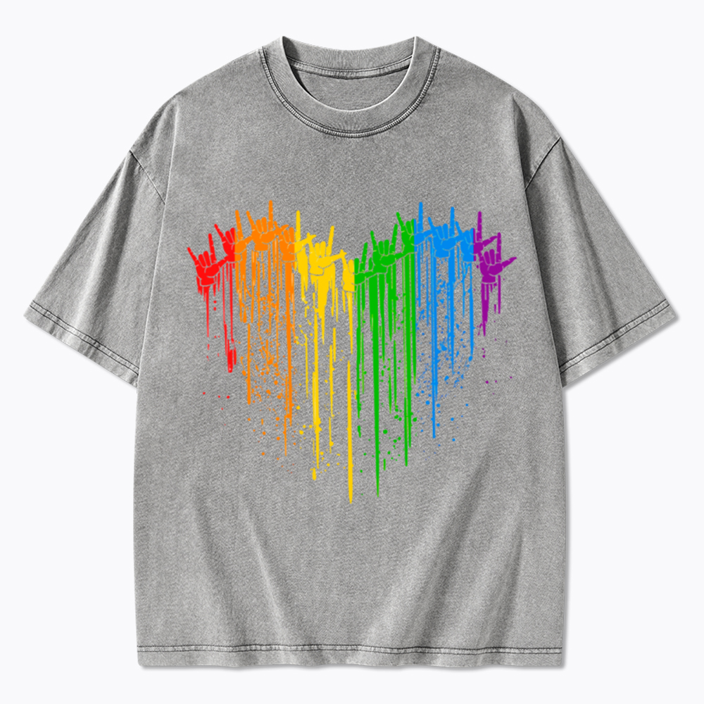 I Love You Hand Sign Rainbow Heart Washed T-Shirt