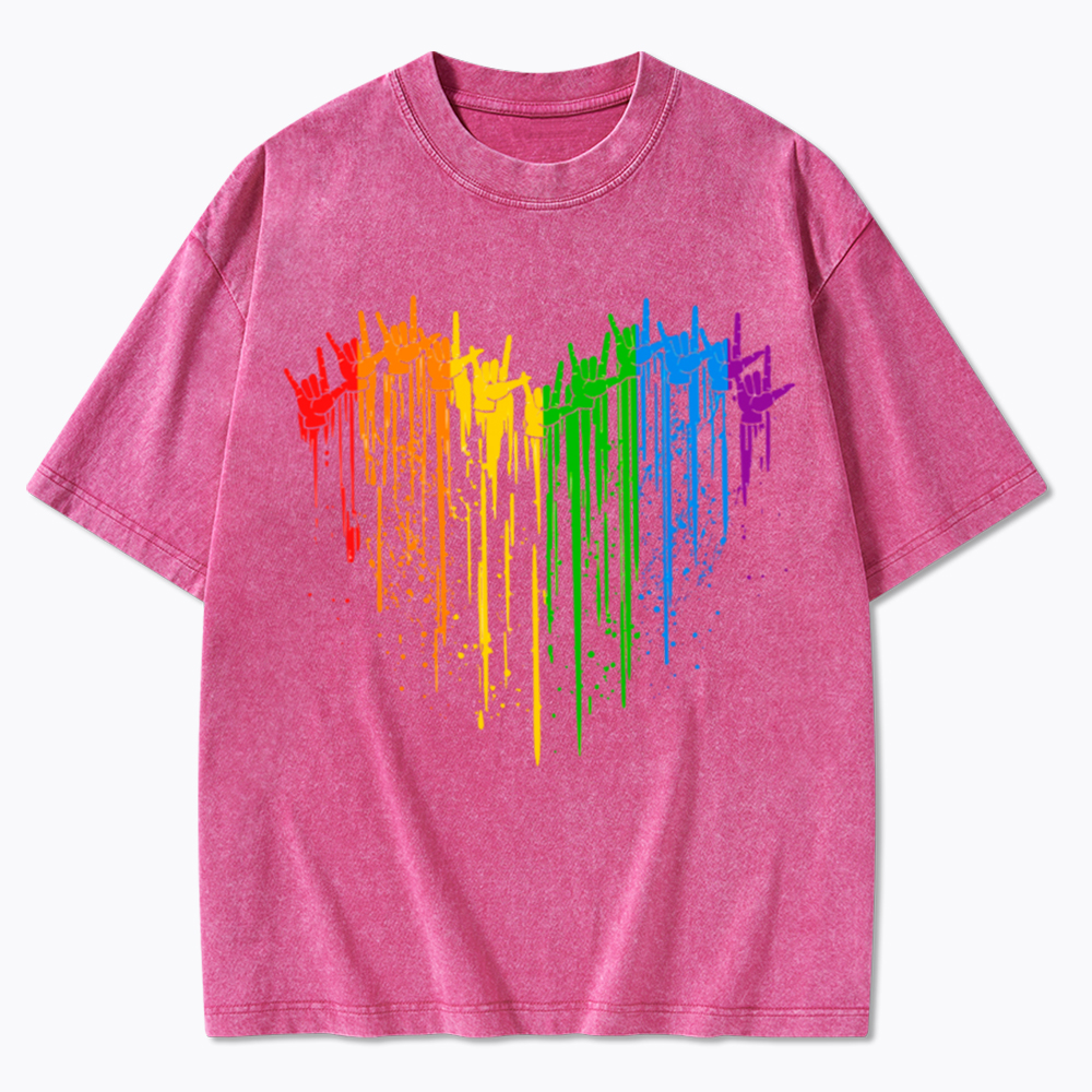 I Love You Hand Sign Rainbow Heart Washed T-Shirt
