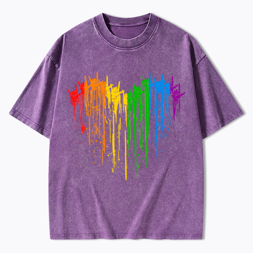 I Love You Hand Sign Rainbow Heart Washed T-Shirt