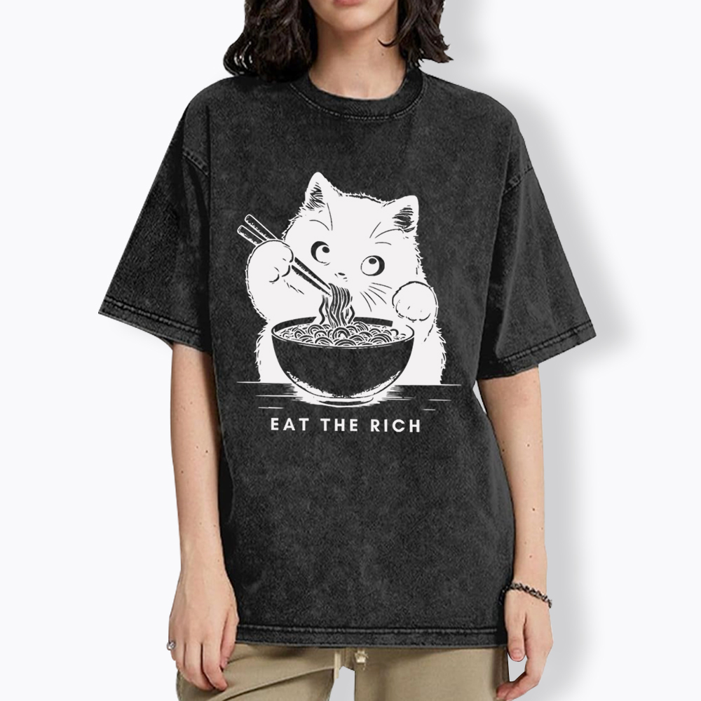 Eat The Rich Cute Cat Political Washed T-Shirt