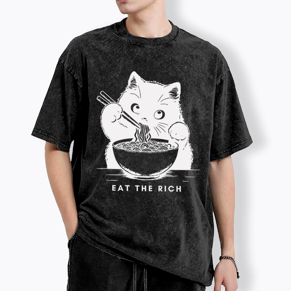 Eat The Rich Cute Cat Political Washed T-Shirt