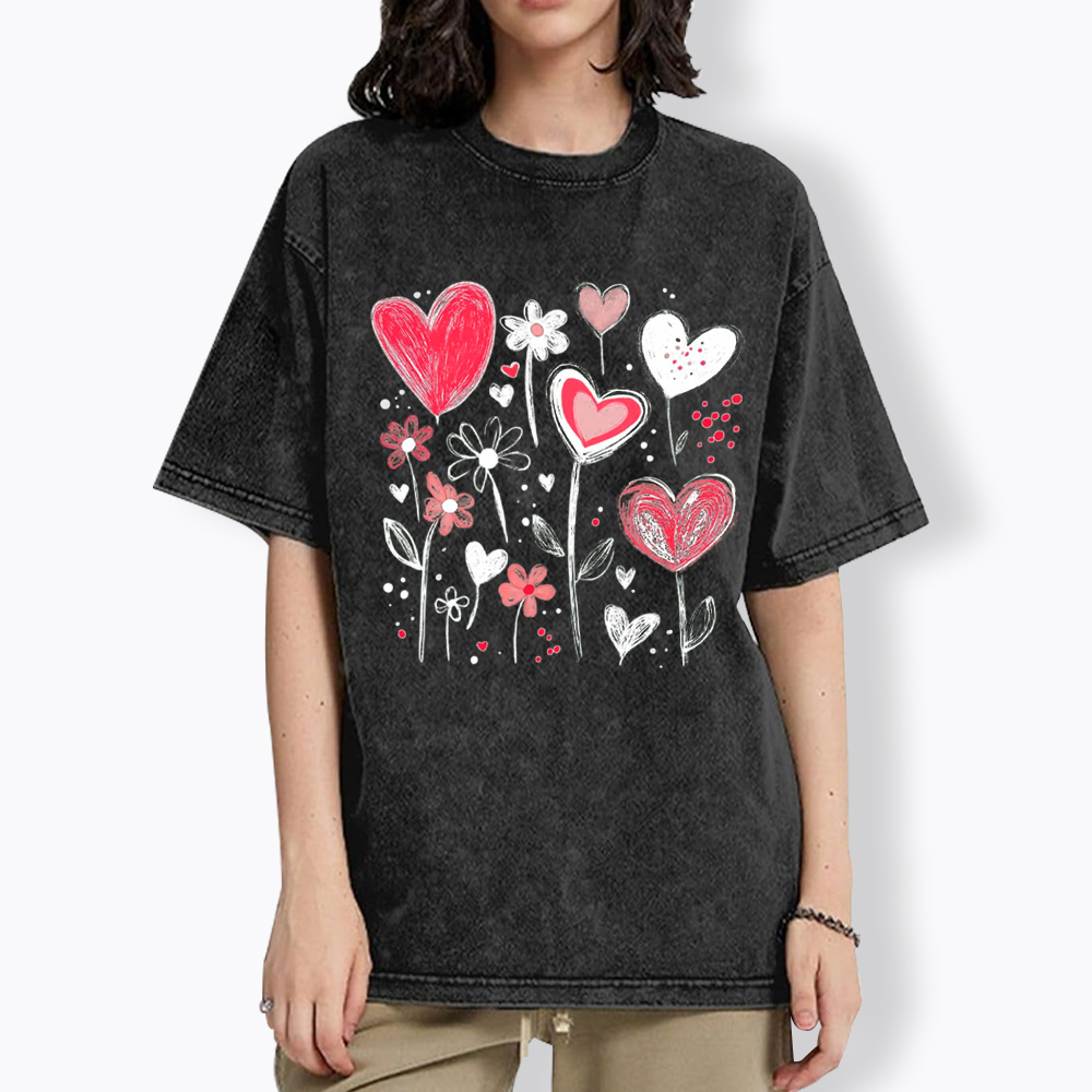 Colorful Heart Flower Washed T-Shirt
