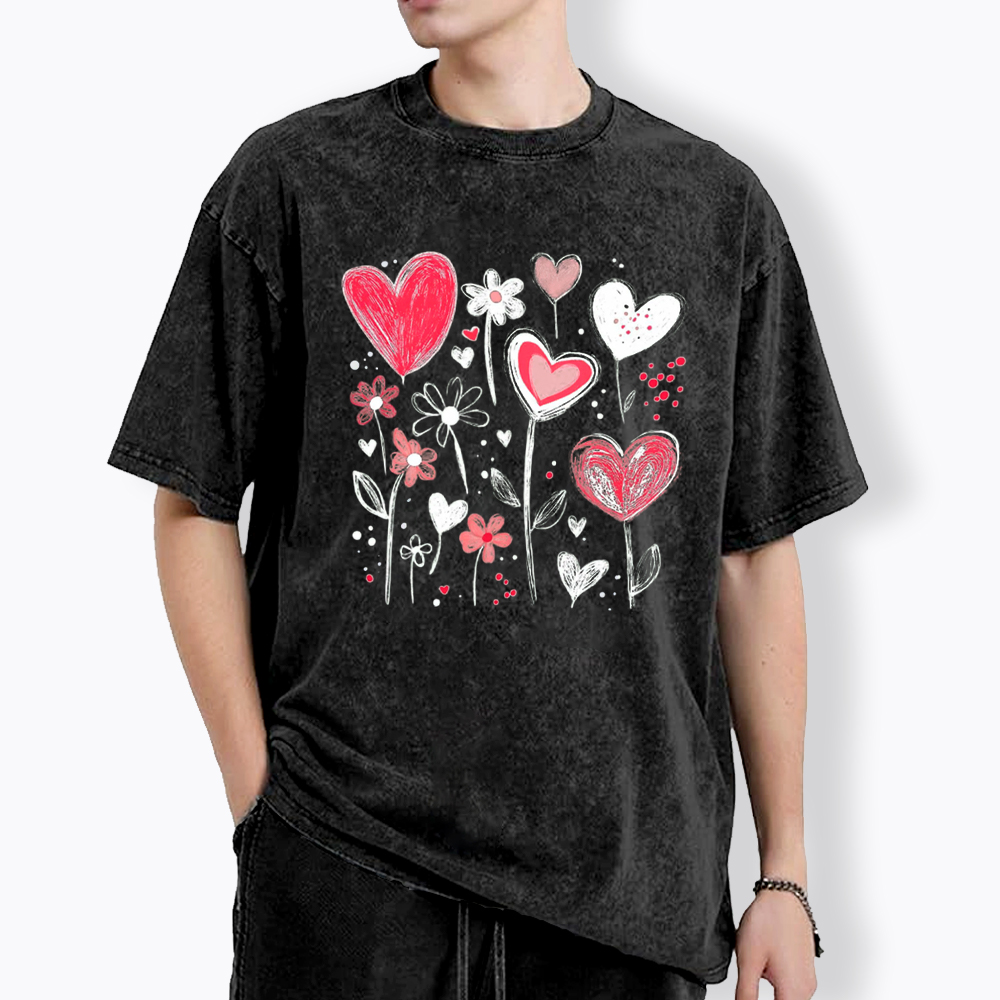 Colorful Heart Flower Washed T-Shirt