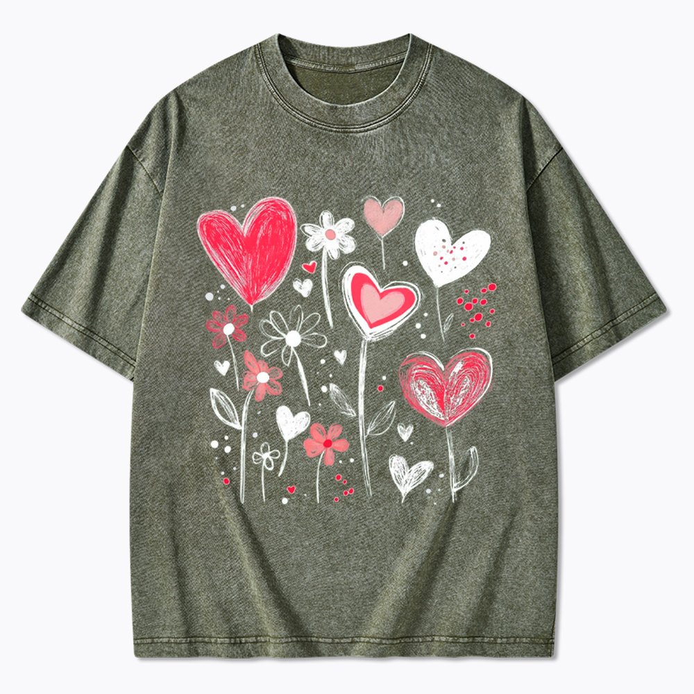 Colorful Heart Flower Washed T-Shirt