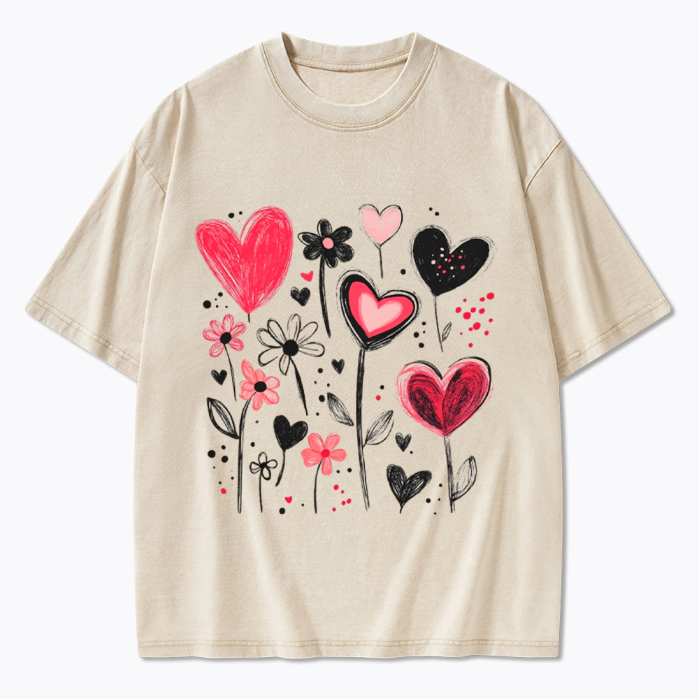 Colorful Heart Flower Washed T-Shirt