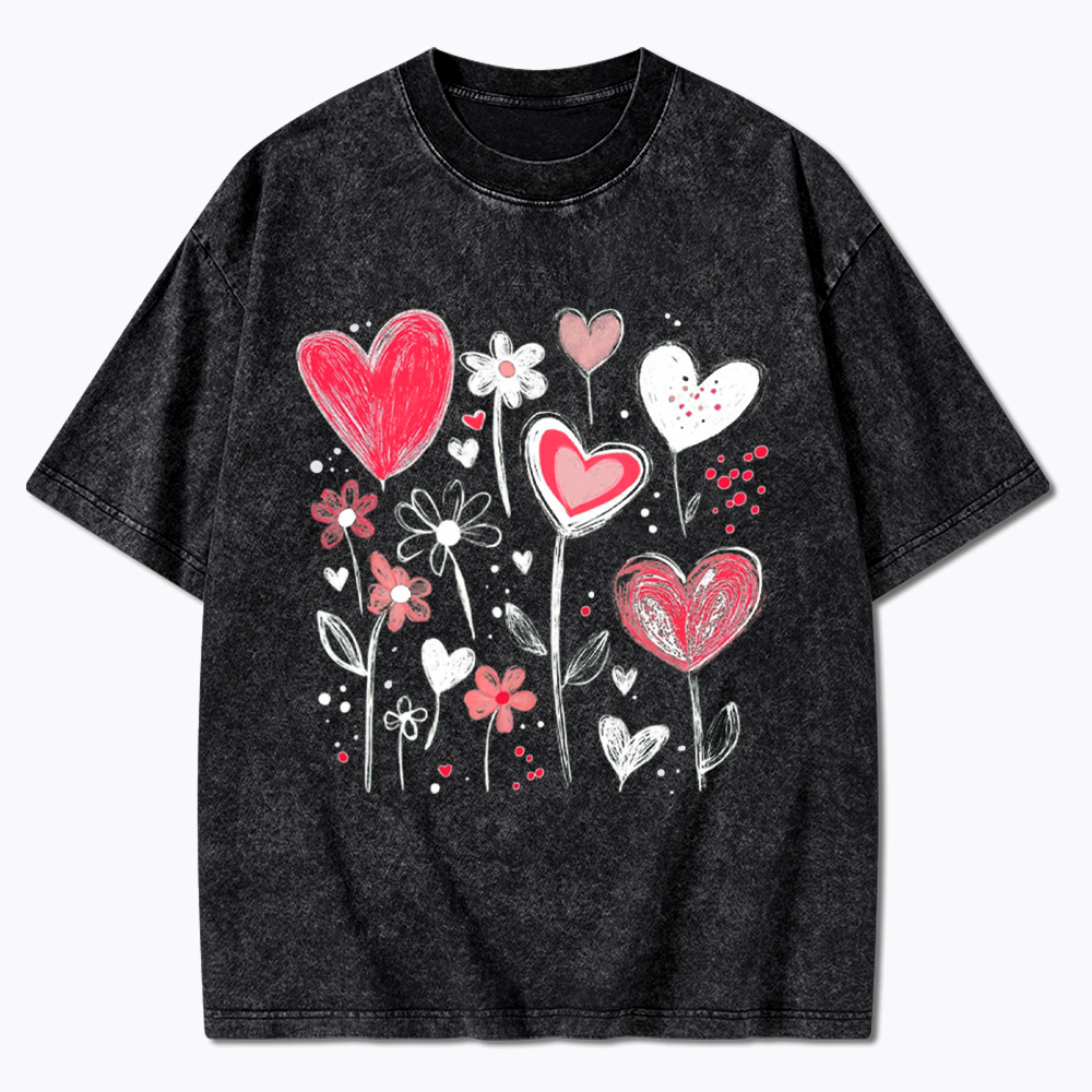 Colorful Heart Flower Washed T-Shirt