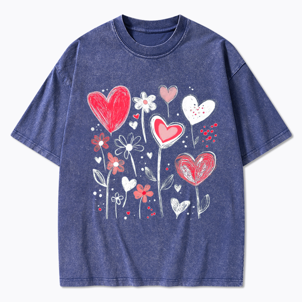 Colorful Heart Flower Washed T-Shirt