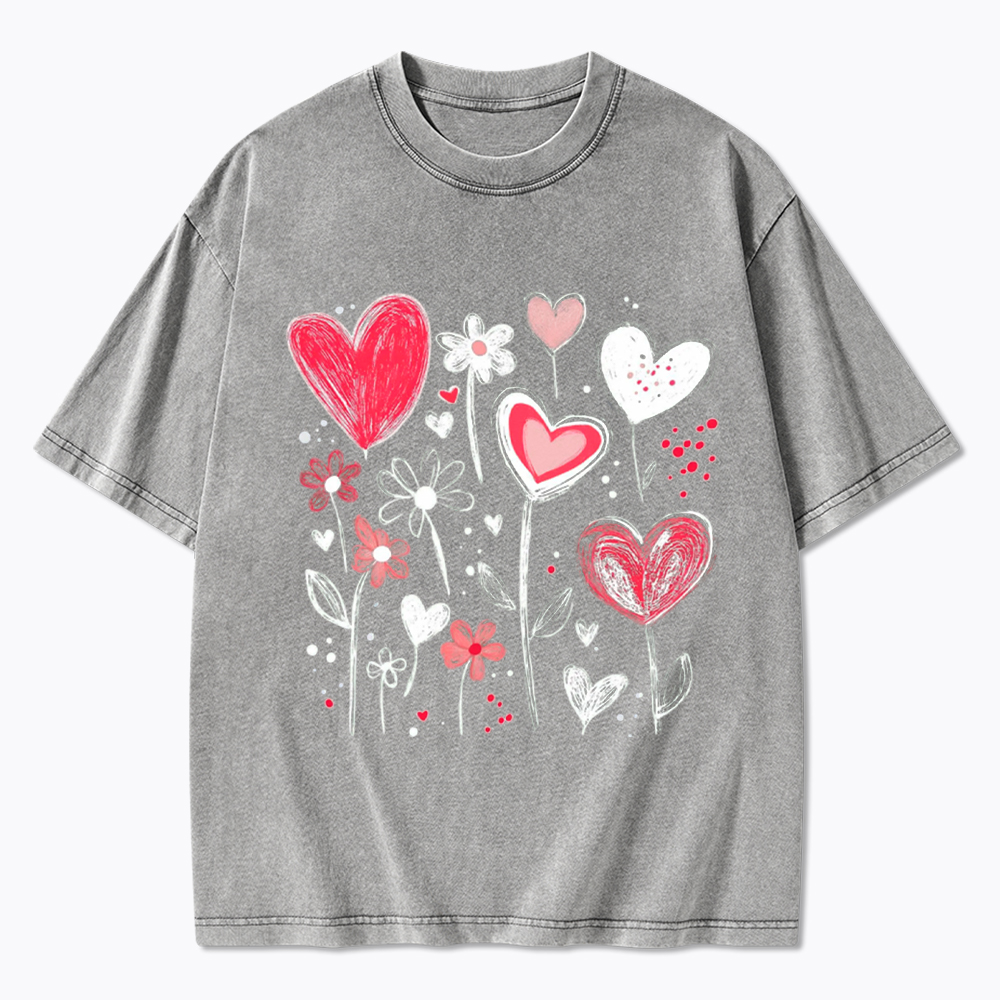 Colorful Heart Flower Washed T-Shirt