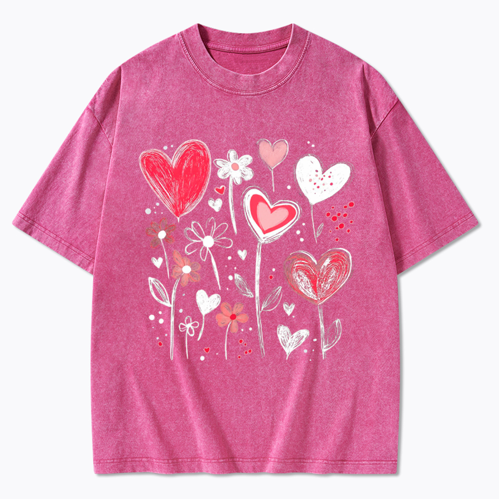 Colorful Heart Flower Washed T-Shirt