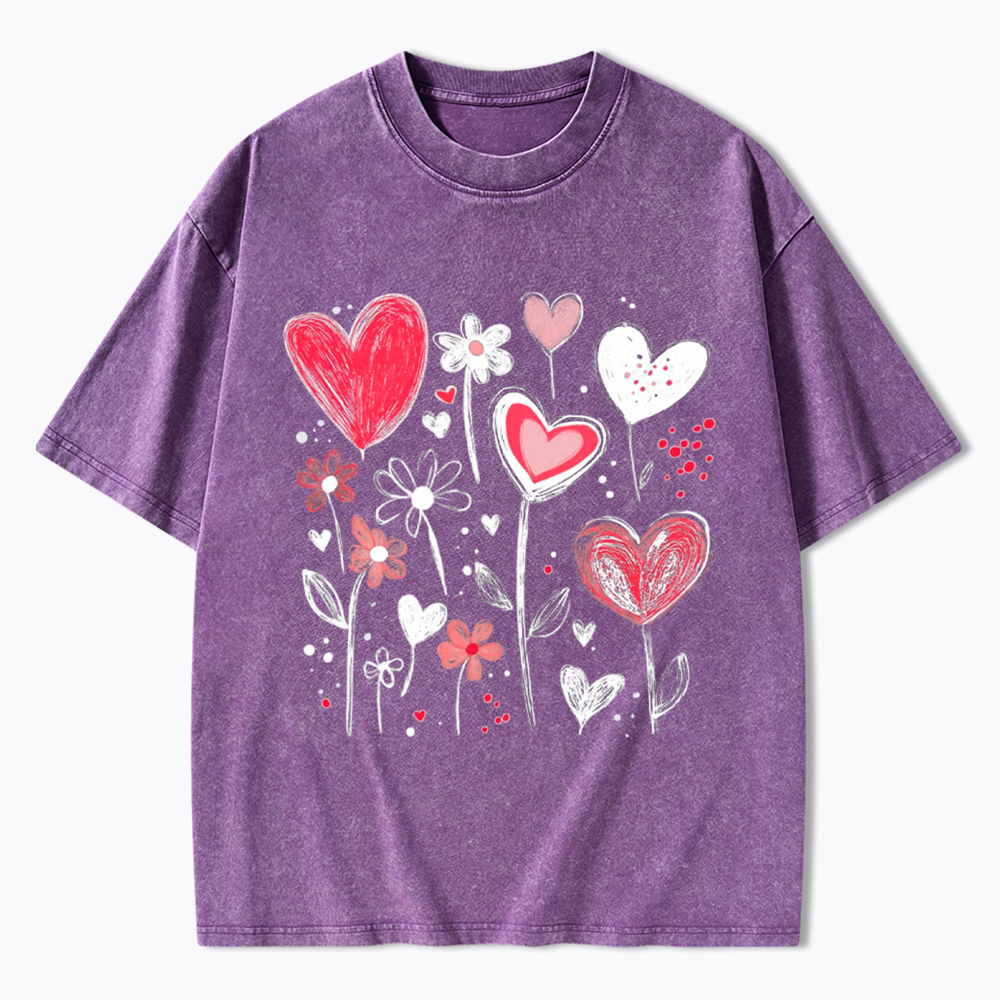 Colorful Heart Flower Washed T-Shirt
