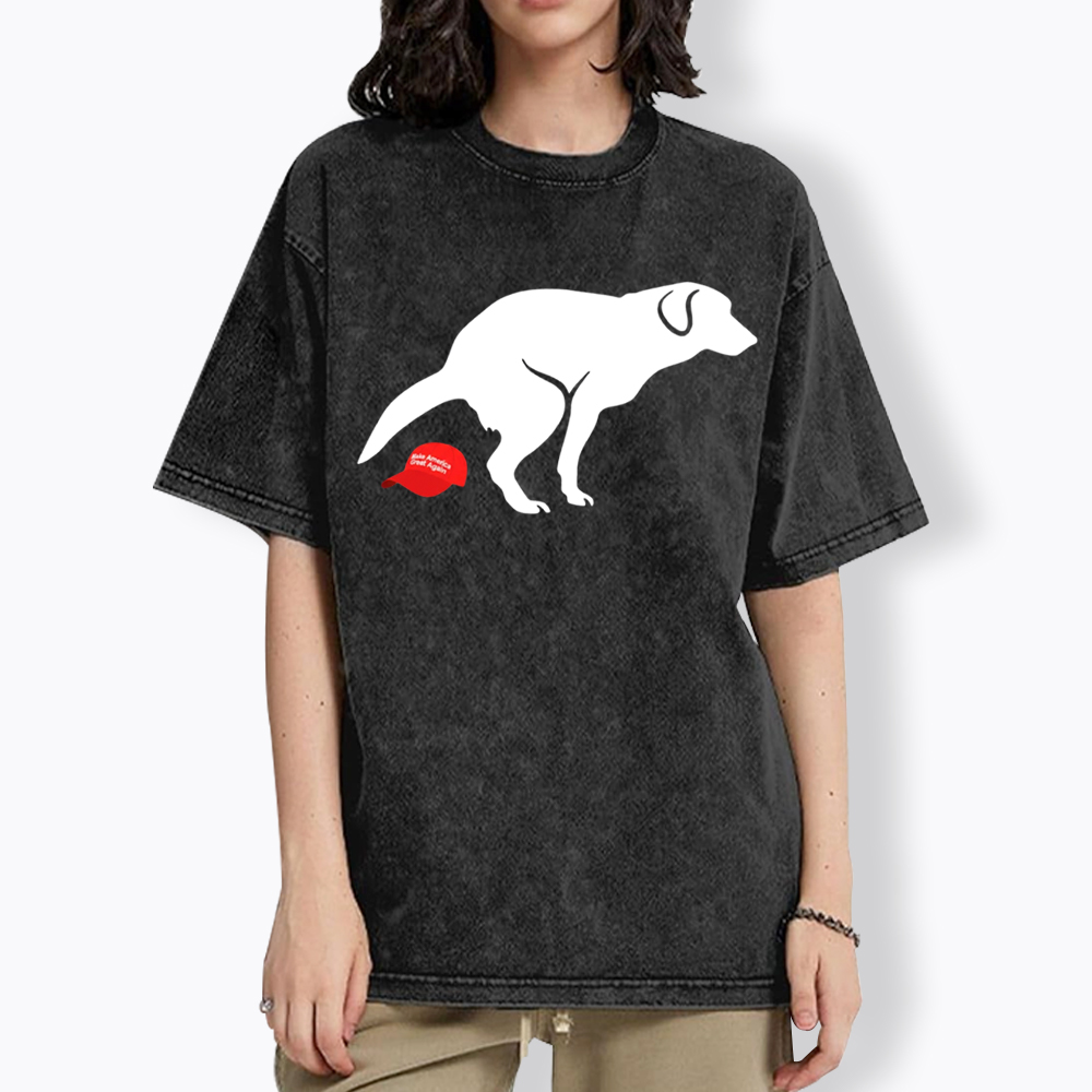 Dog Pooping on Hat Washed T-Shirt