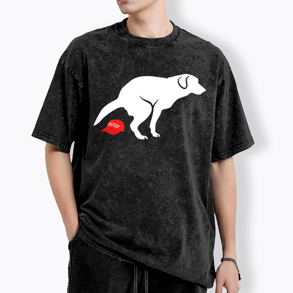 Dog Pooping on Hat Washed T-Shirt