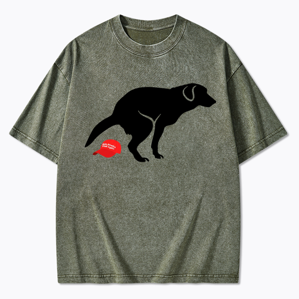 Dog Pooping on Hat Washed T-Shirt