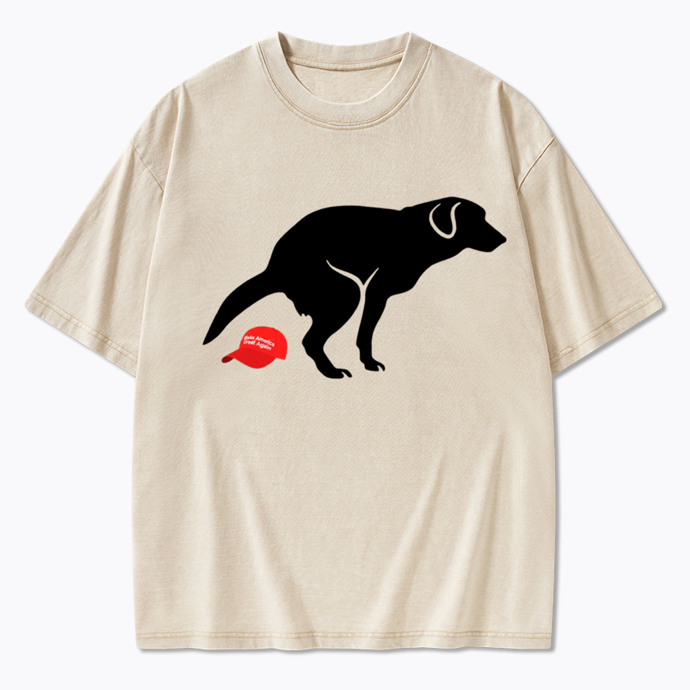 Dog Pooping on Hat Washed T-Shirt