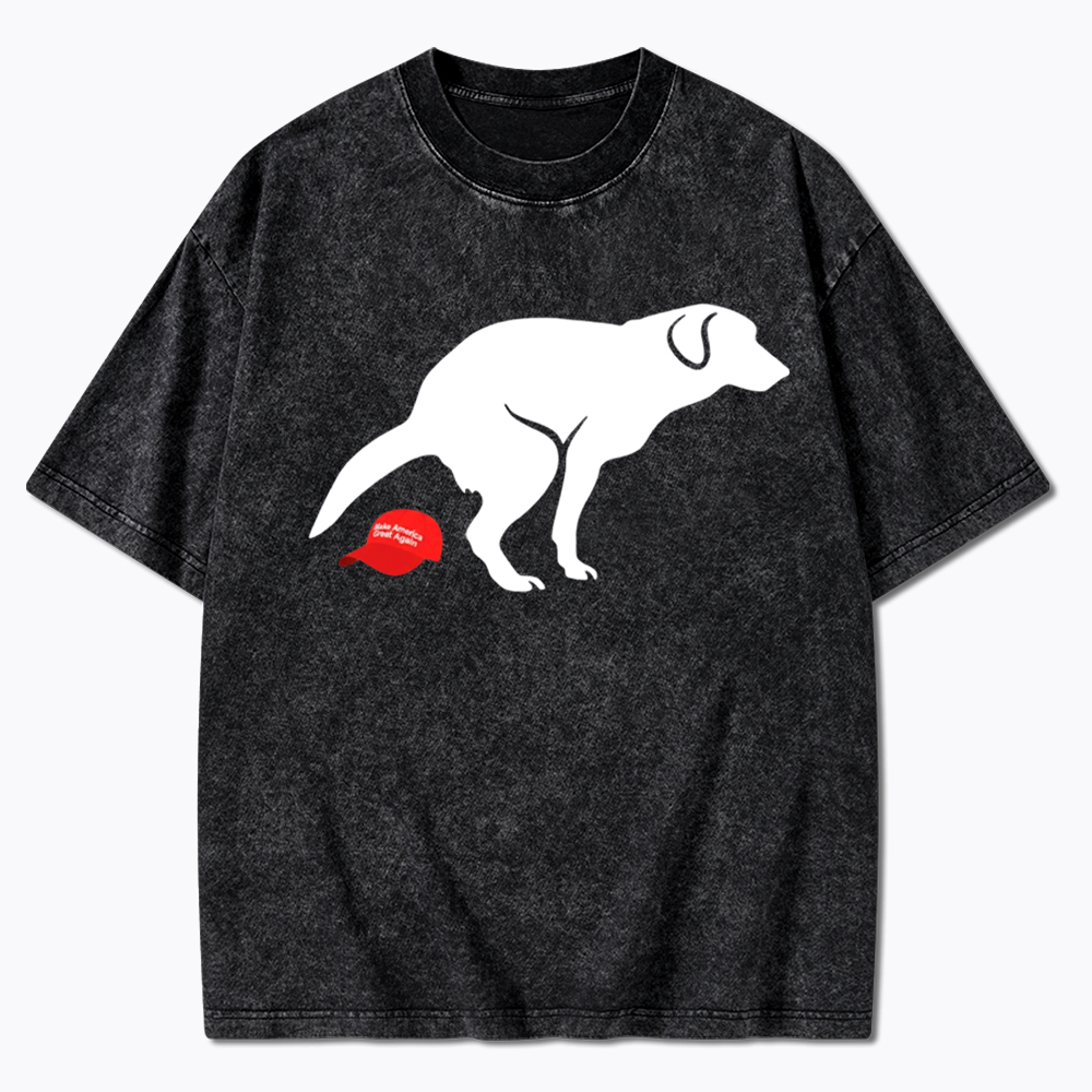 Dog Pooping on Hat Washed T-Shirt