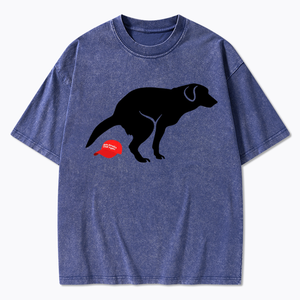 Dog Pooping on Hat Washed T-Shirt